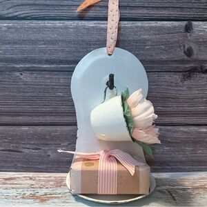 Vintage Farmhouse French White Enamelware Wall Hanging Soap & Cup Holder